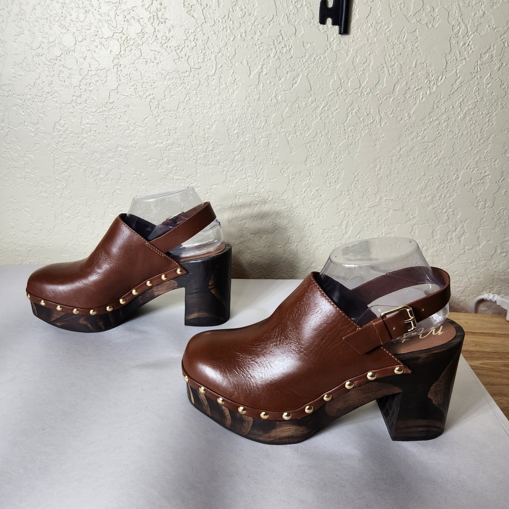 Matisse Liberty Brown Leather Wooden Platform Clogs Studded Slingback Heels 8M
